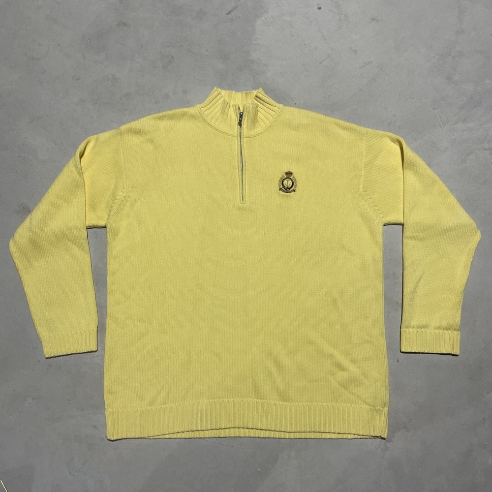 Polo Lauren Ralph Lauren Unisex 1/4 Zip Yellow Knit Cotton Sweater SZ XL Crest